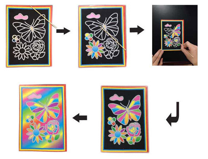 Scratch art magic paper, 10pgs with drawing stick 13x9.8 cm